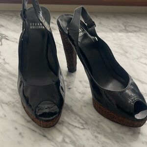 Stuart Weitzman Black Patent Leather Platform Slingback with Rattan Bottom